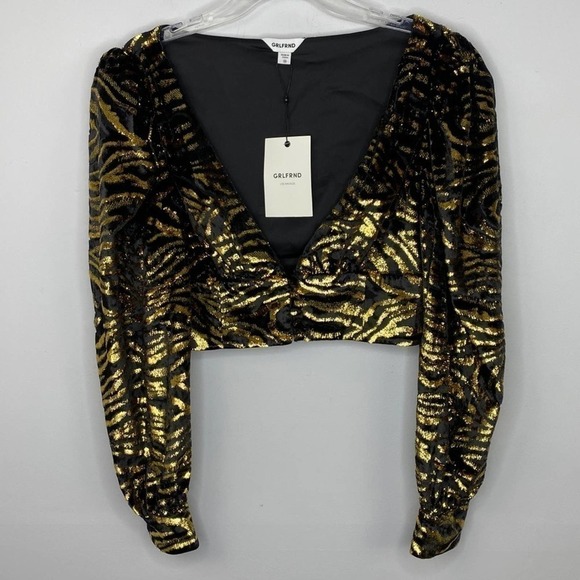 Grlfrnd Black & Gold Moreen Cropped Blouse Medium - Picture 3 of 8